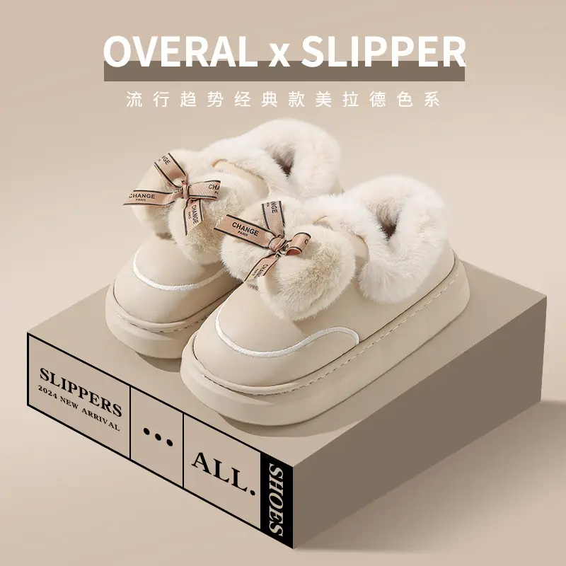 Women's Waterproof Furry Bow Slippers Beige - Image 9