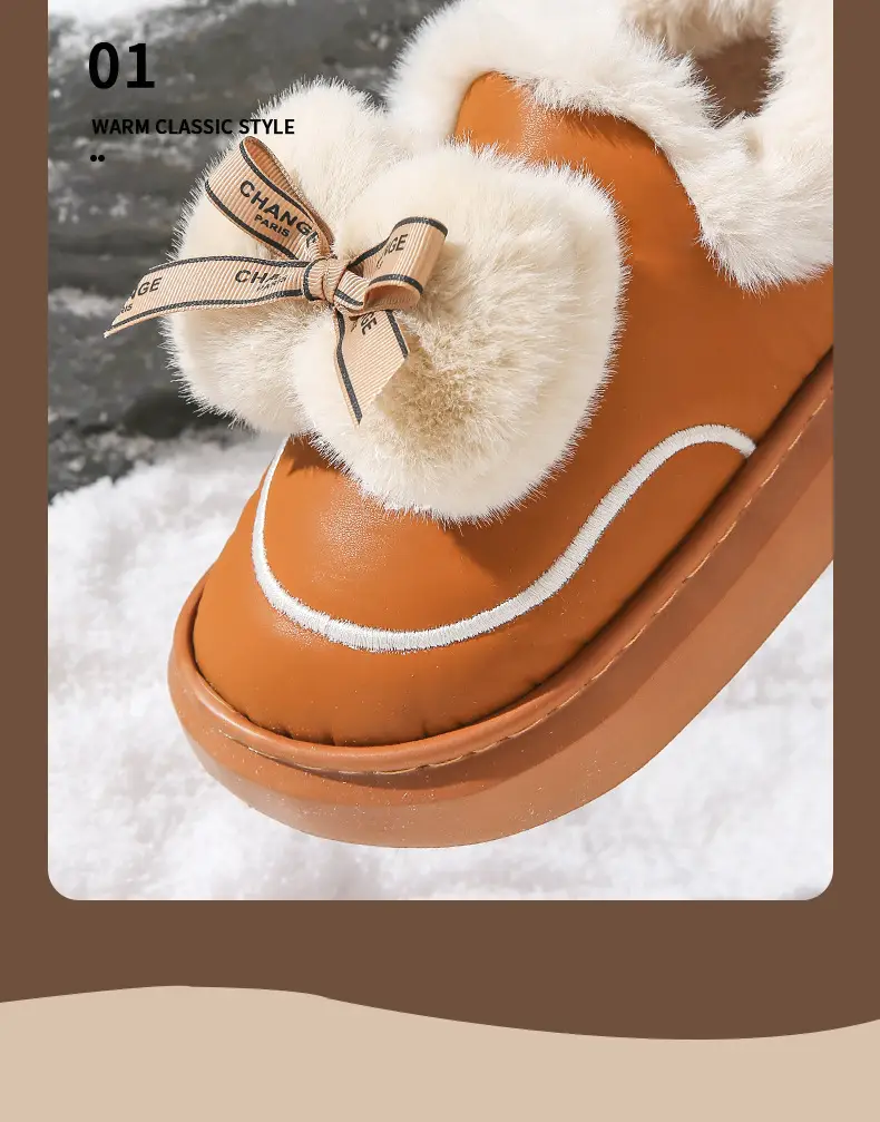 Women's Waterproof Furry Bow Slippers Beige — feature 7