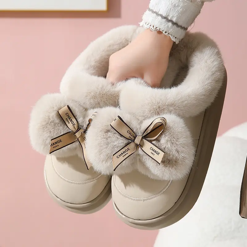Women's Waterproof Furry Bow Slippers Beige - Image 4