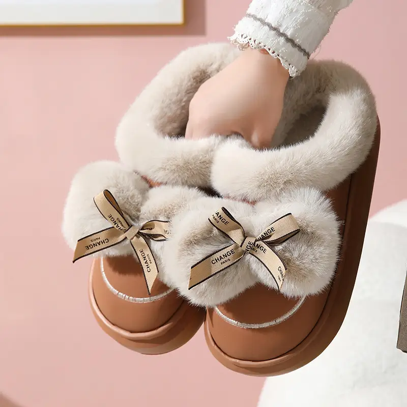 Women's Waterproof Furry Bow Slippers Beige - Image 5