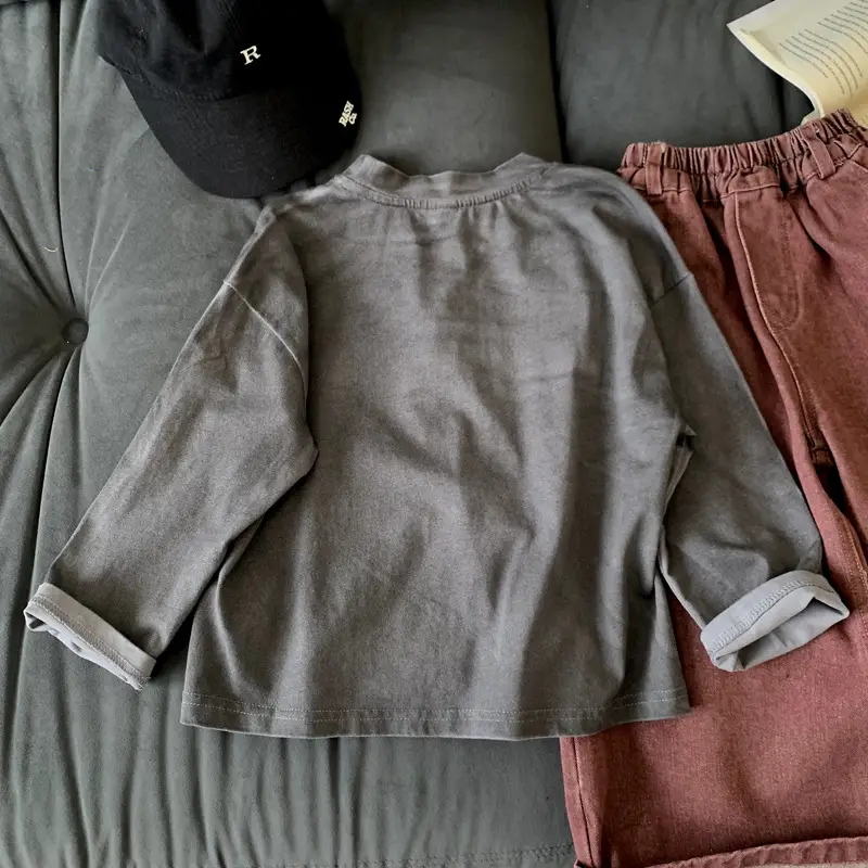 Boys Long Sleeve Grey Cotton T-Shirt Spring Fall 2025