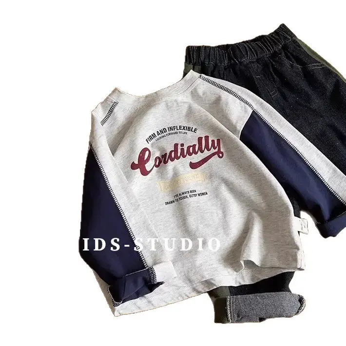 Pure Cotton Boys Long Sleeve T-Shirt Grey Blue Patchwork 2025 - Image 6