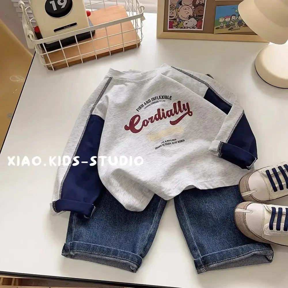Pure Cotton Boys Long Sleeve T-Shirt Grey Blue Patchwork 2025 — feature 2