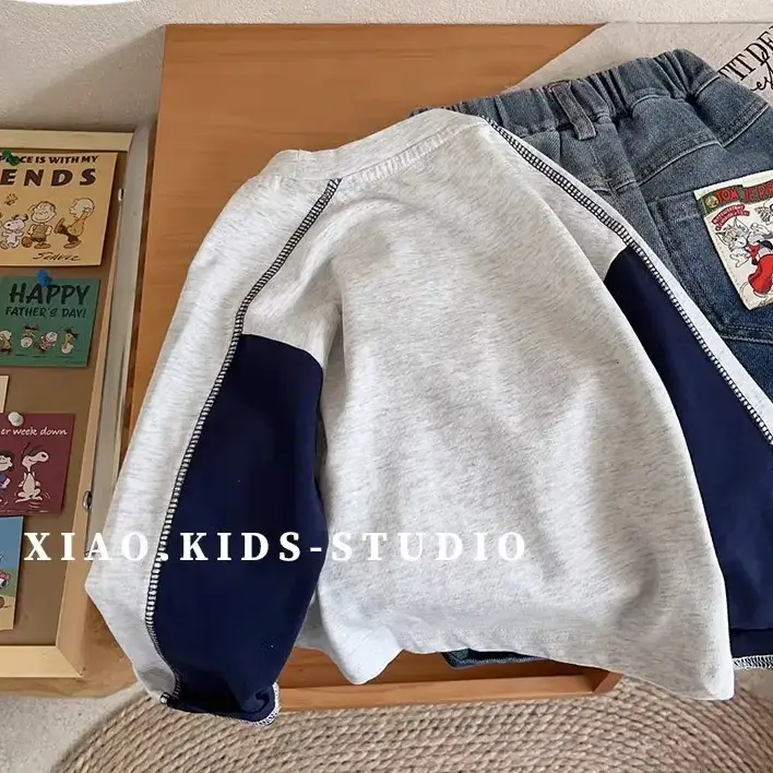 Pure Cotton Boys Long Sleeve T-Shirt Grey Blue Patchwork 2025 — feature 3