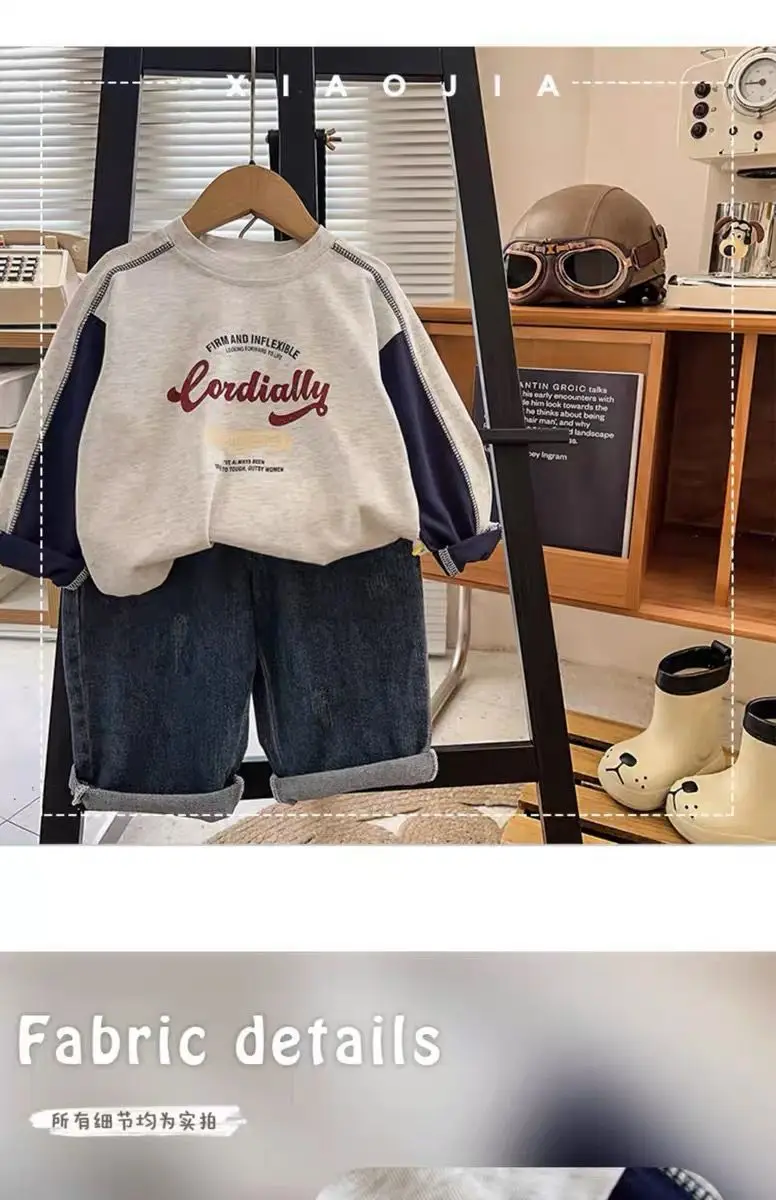 Pure Cotton Boys Long Sleeve T-Shirt Grey Blue Patchwork 2025 — feature 5