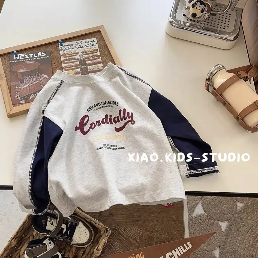 Pure Cotton Boys Long Sleeve T-Shirt Grey Blue Patchwork 2025 — feature 6