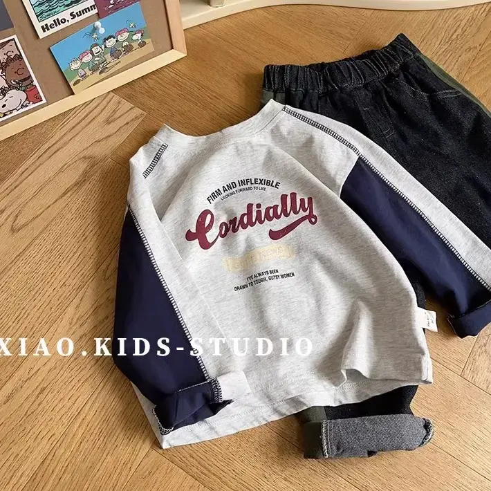 Pure Cotton Boys Long Sleeve T-Shirt Grey Blue Patchwork 2025 — feature 8