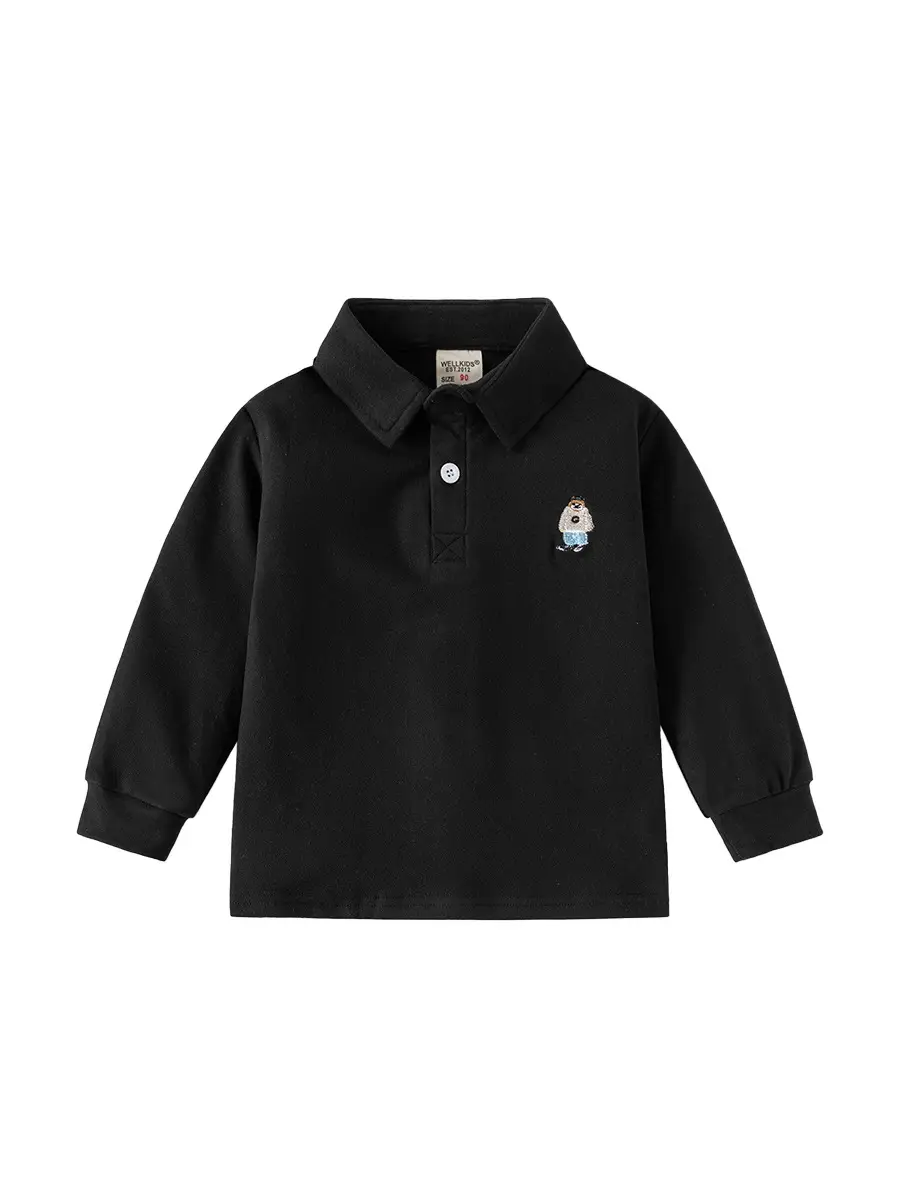 Kids Black Polo Shirt Long Sleeve Korean Style - Image 9