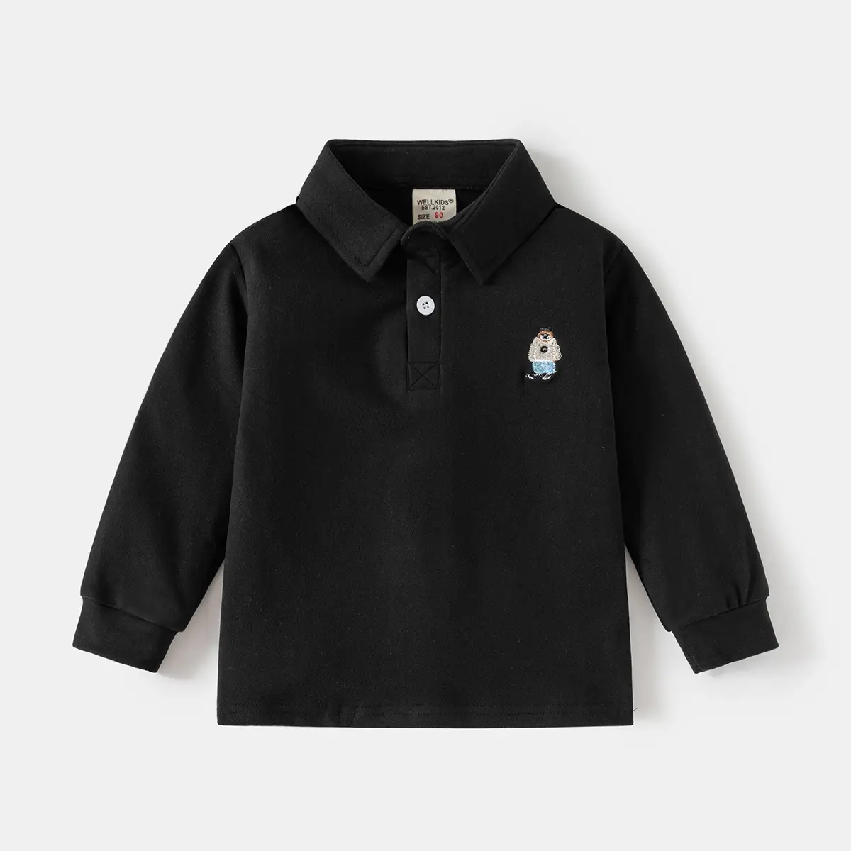 Kids Black Polo Shirt Long Sleeve Korean Style - Image 2