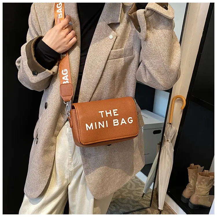Women's Mini Crossbody Bag with Letter Print Brown Leather — feature 18