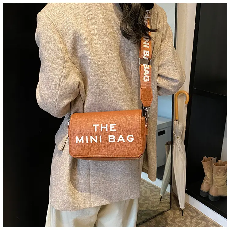 Women's Mini Crossbody Bag with Letter Print Brown Leather — feature 19