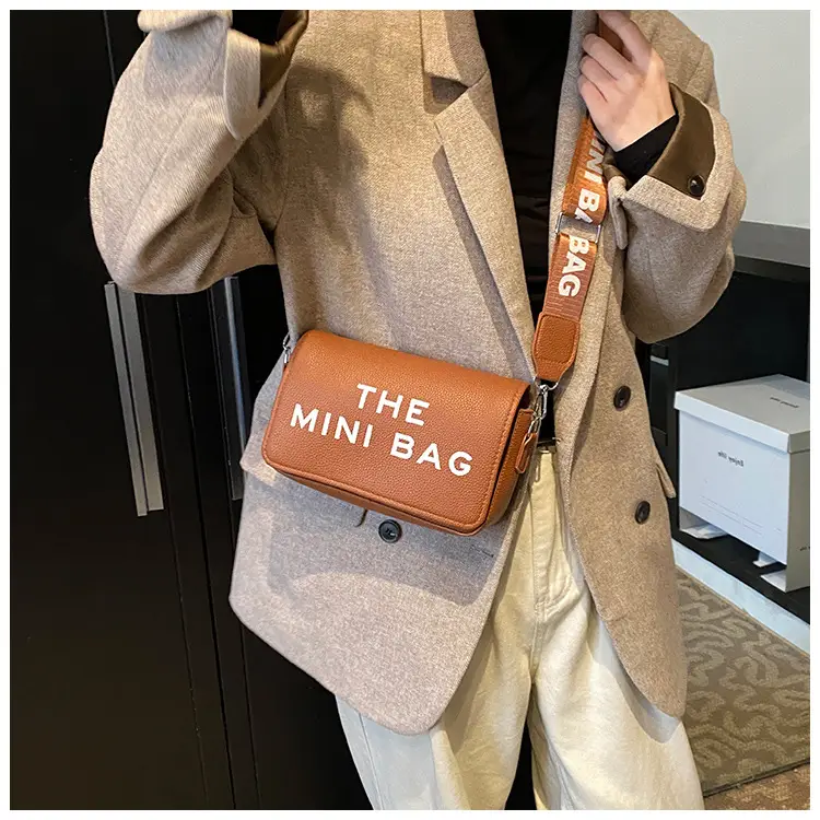 Women's Mini Crossbody Bag with Letter Print Brown Leather — feature 20