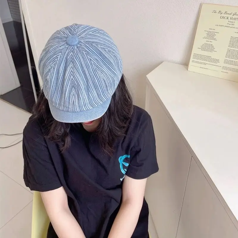 Men's Blue Striped Wash Denim Beret Cap