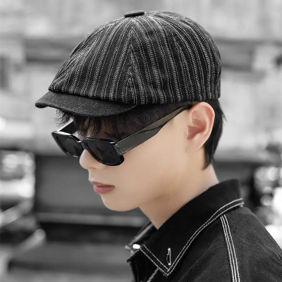 Men's Blue Striped Wash Denim Beret Cap
