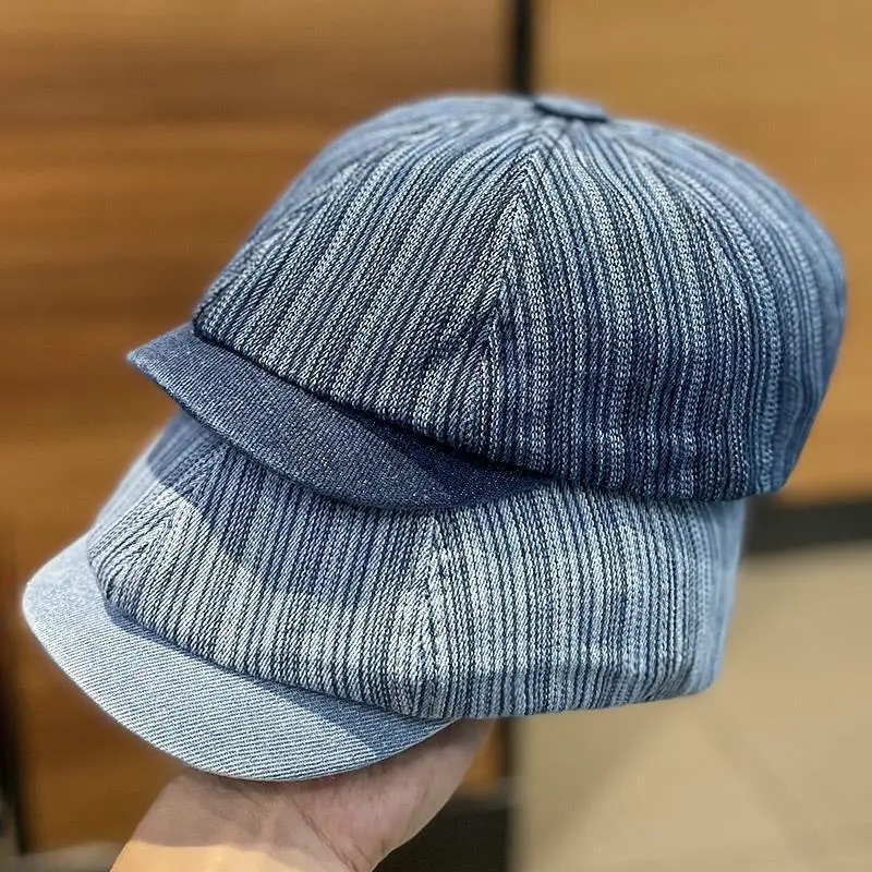 Men's Blue Striped Wash Denim Beret Cap