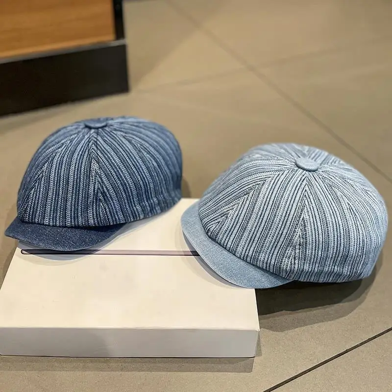 Men's Blue Striped Wash Denim Beret Cap