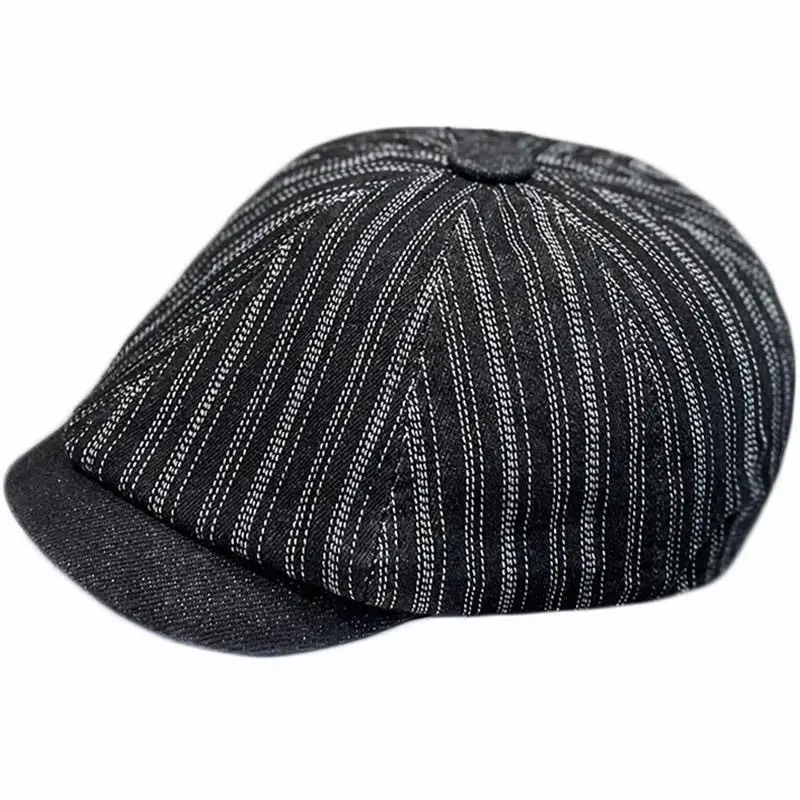 Men's Blue Striped Wash Denim Beret Cap