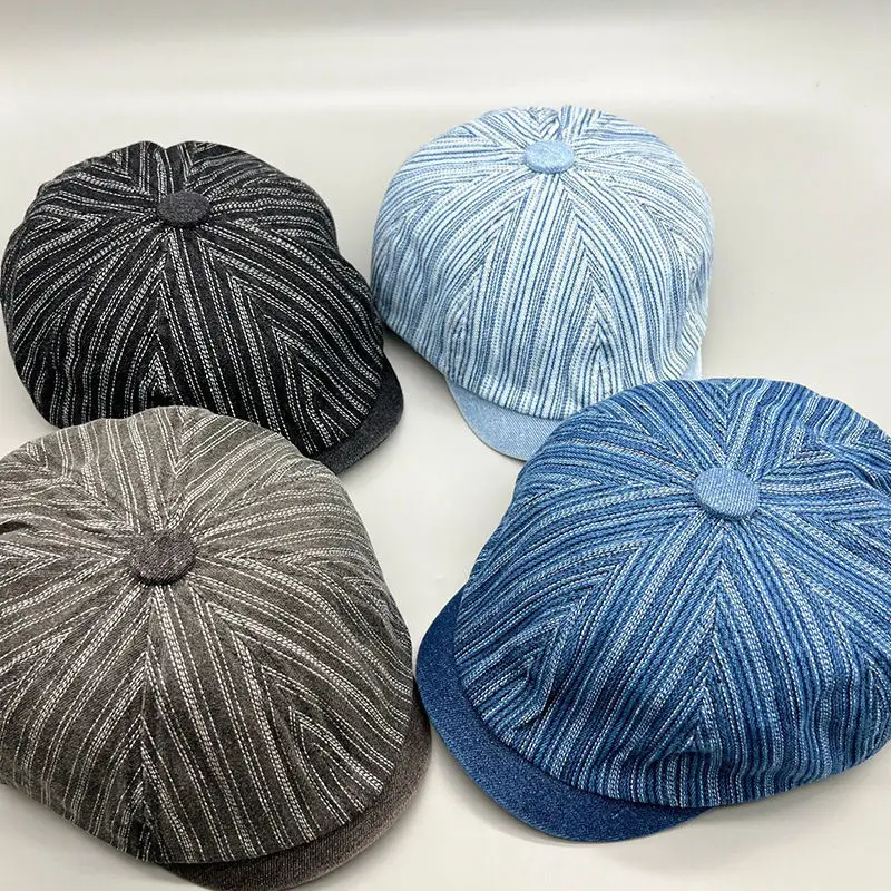 Men's Blue Striped Wash Denim Beret Cap — feature 1