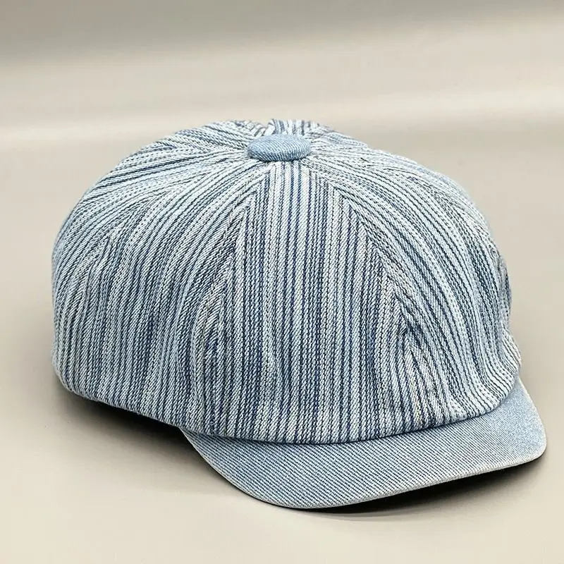 Men's Blue Striped Wash Denim Beret Cap — feature 4