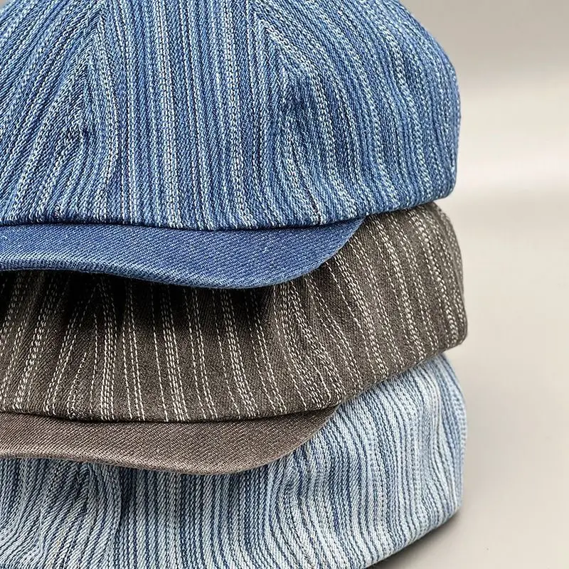 Men's Blue Striped Wash Denim Beret Cap — feature 6