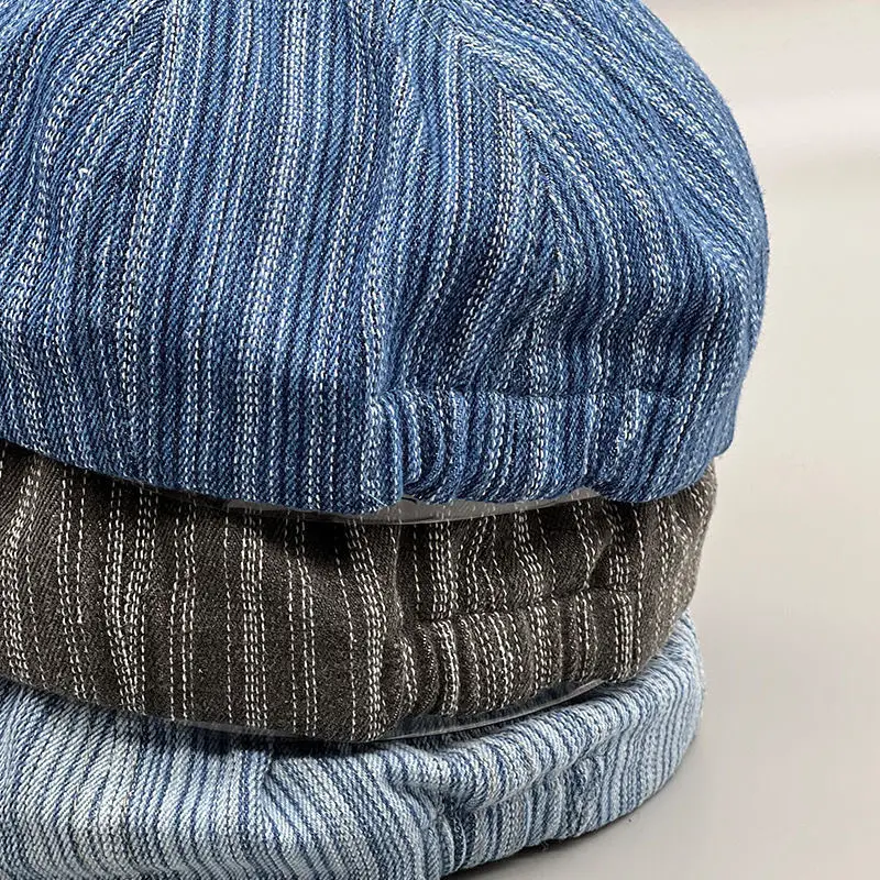 Men's Blue Striped Wash Denim Beret Cap — feature 7