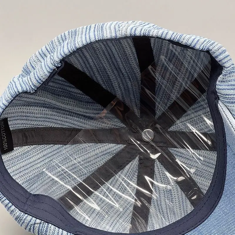 Men's Blue Striped Wash Denim Beret Cap — feature 9