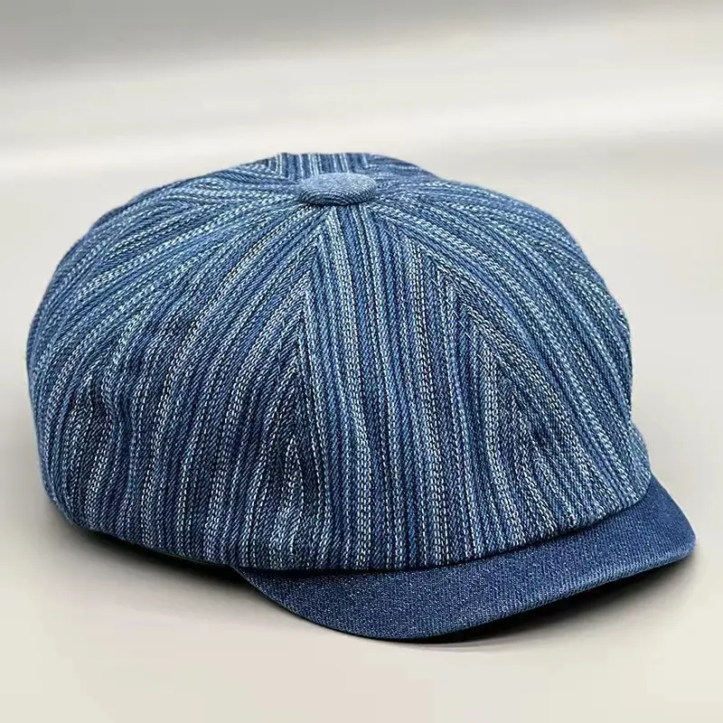 Men's Blue Striped Wash Denim Beret Cap