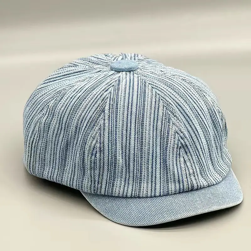 Men's Blue Striped Wash Denim Beret Cap