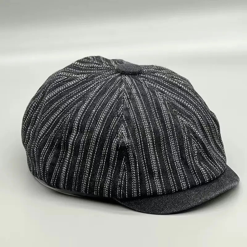 Men's Blue Striped Wash Denim Beret Cap