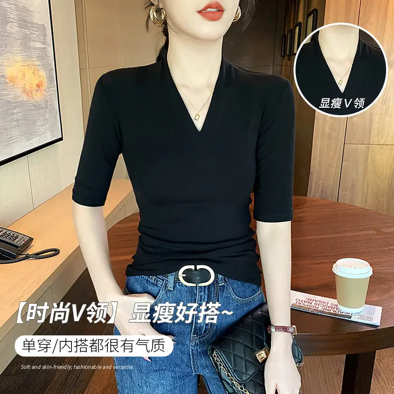 Black Deep V Neck Half-Sleeved T-Shirt for Women's Summer Outer Wear, Slimming Look Korean Style Pure Lust Style Three-Quarter Sleeve Bottoming Top - Image 6