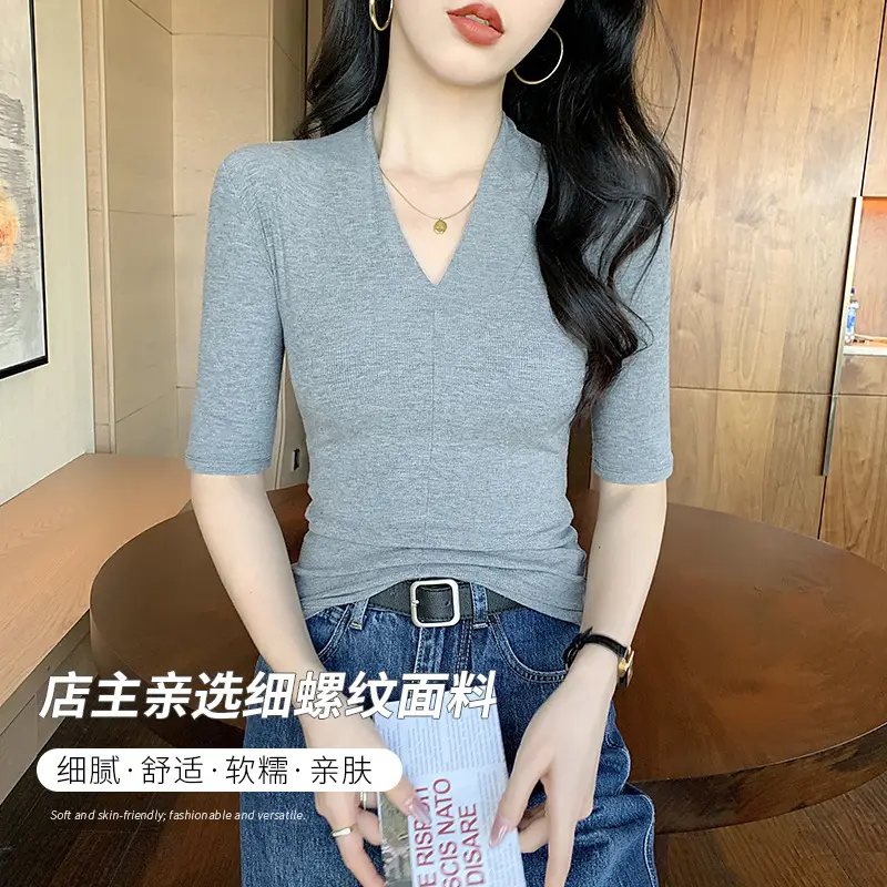 Black Deep V Neck Half-Sleeved T-Shirt for Women's Summer Outer Wear, Slimming Look Korean Style Pure Lust Style Three-Quarter Sleeve Bottoming Top - Image 7