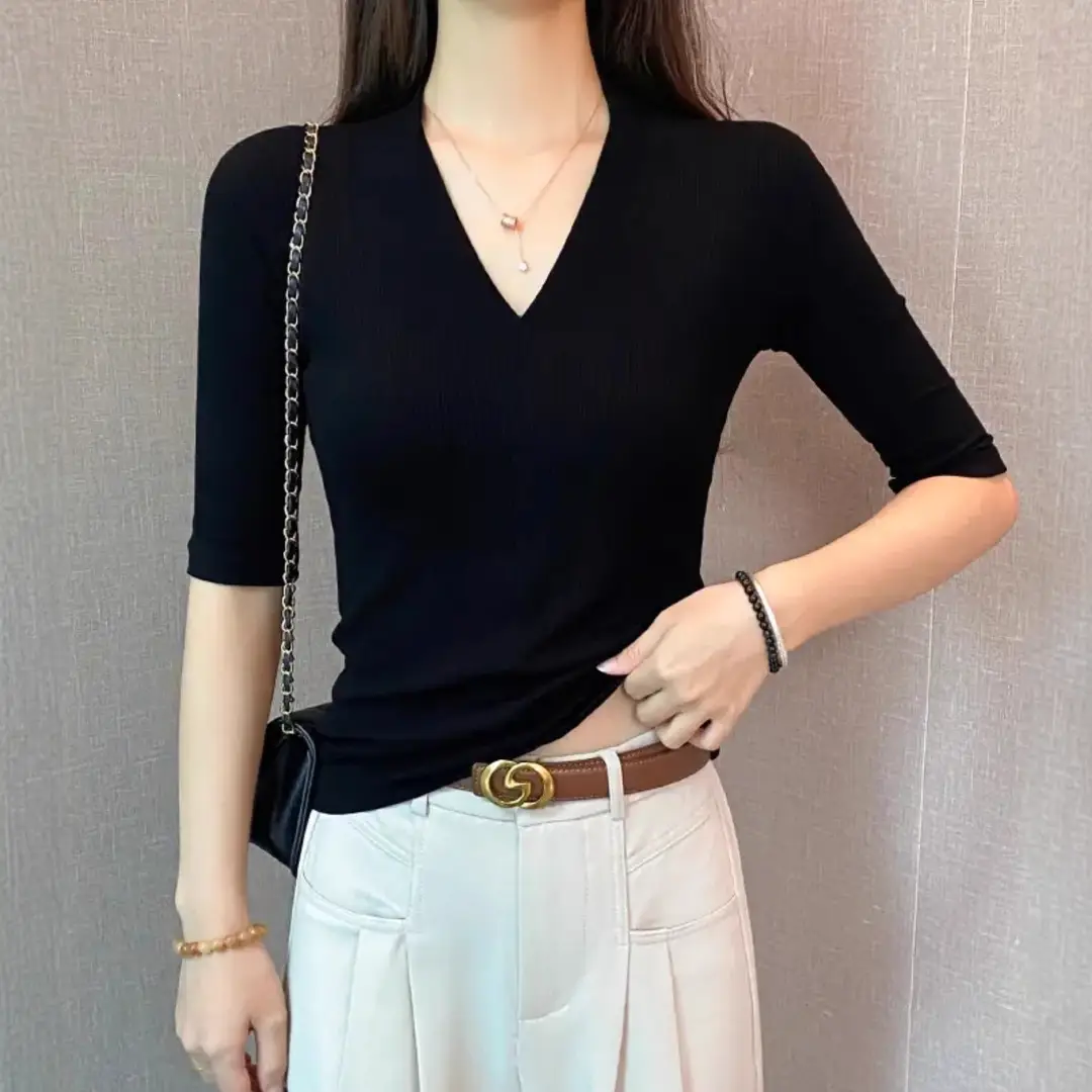 Black Deep V Neck Half-Sleeved T-Shirt for Women's Summer Outer Wear, Slimming Look Korean Style Pure Lust Style Three-Quarter Sleeve Bottoming Top - Image 8