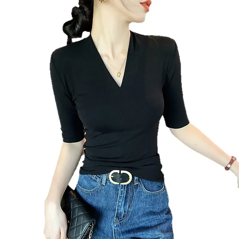 Black Deep V Neck Half-Sleeved T-Shirt for Women's Summer Outer Wear, Slimming Look Korean Style Pure Lust Style Three-Quarter Sleeve Bottoming Top - Image 9