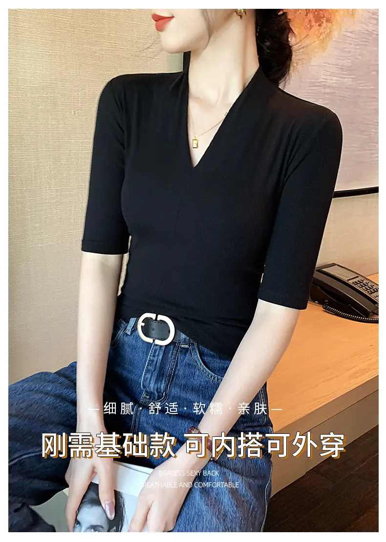 Black Deep V Neck Half-Sleeved T-Shirt for Women's Summer Outer Wear, Slimming Look Korean Style Pure Lust Style Three-Quarter Sleeve Bottoming Top — feature 1