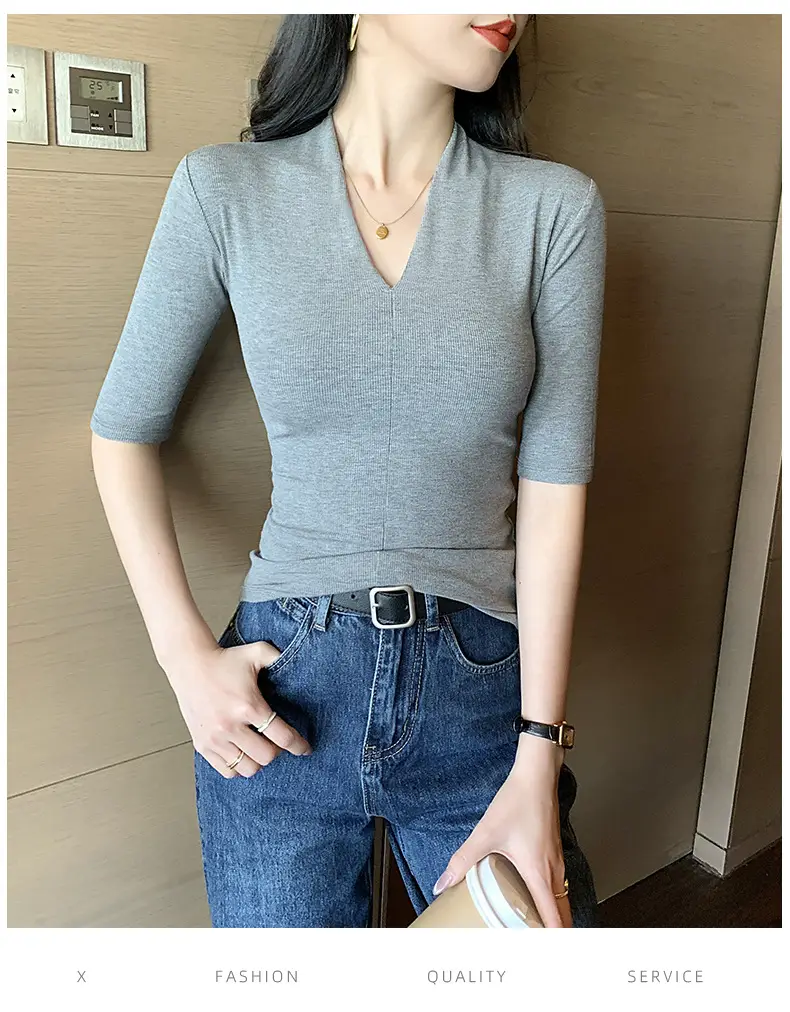 Black Deep V Neck Half-Sleeved T-Shirt for Women's Summer Outer Wear, Slimming Look Korean Style Pure Lust Style Three-Quarter Sleeve Bottoming Top — feature 10