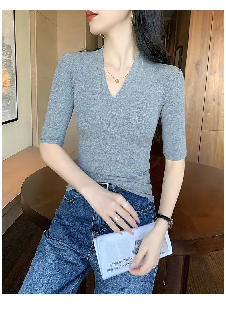 Black Deep V Neck Half-Sleeved T-Shirt for Women's Summer Outer Wear, Slimming Look Korean Style Pure Lust Style Three-Quarter Sleeve Bottoming Top — feature 11