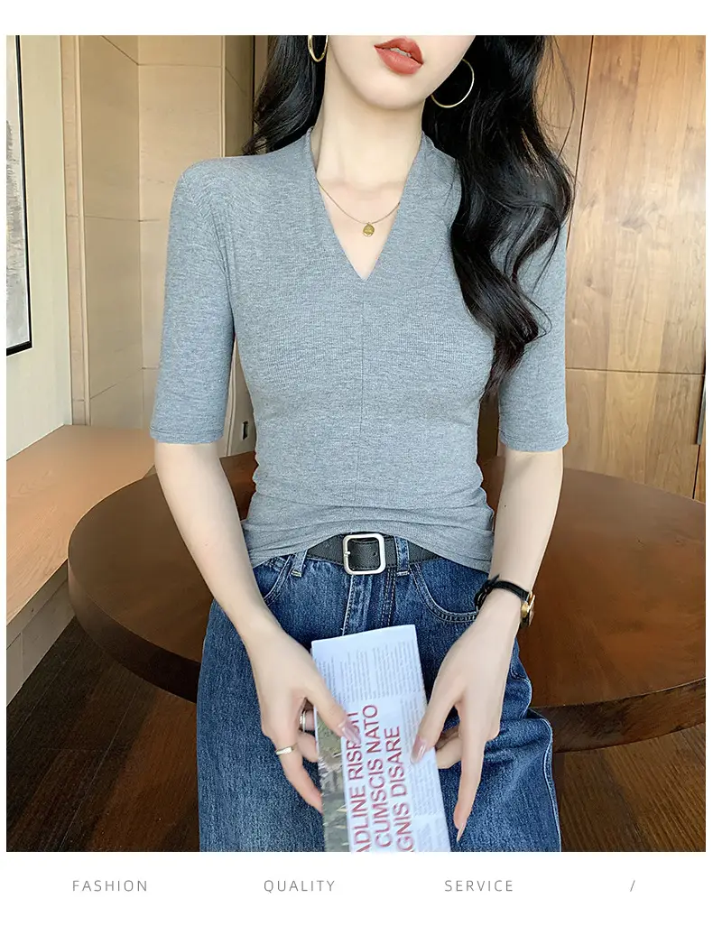 Black Deep V Neck Half-Sleeved T-Shirt for Women's Summer Outer Wear, Slimming Look Korean Style Pure Lust Style Three-Quarter Sleeve Bottoming Top — feature 12