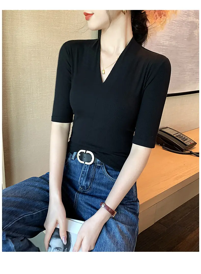 Black Deep V Neck Half-Sleeved T-Shirt for Women's Summer Outer Wear, Slimming Look Korean Style Pure Lust Style Three-Quarter Sleeve Bottoming Top — feature 6