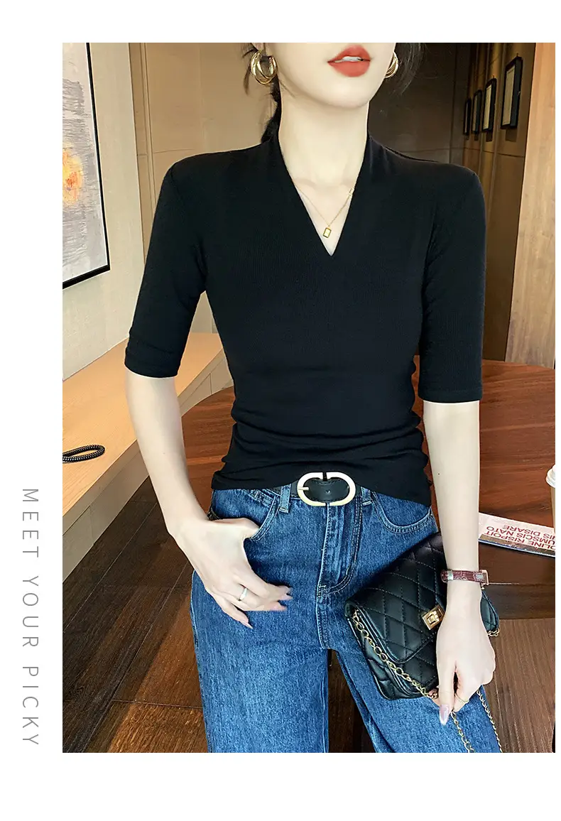 Black Deep V Neck Half-Sleeved T-Shirt for Women's Summer Outer Wear, Slimming Look Korean Style Pure Lust Style Three-Quarter Sleeve Bottoming Top — feature 7