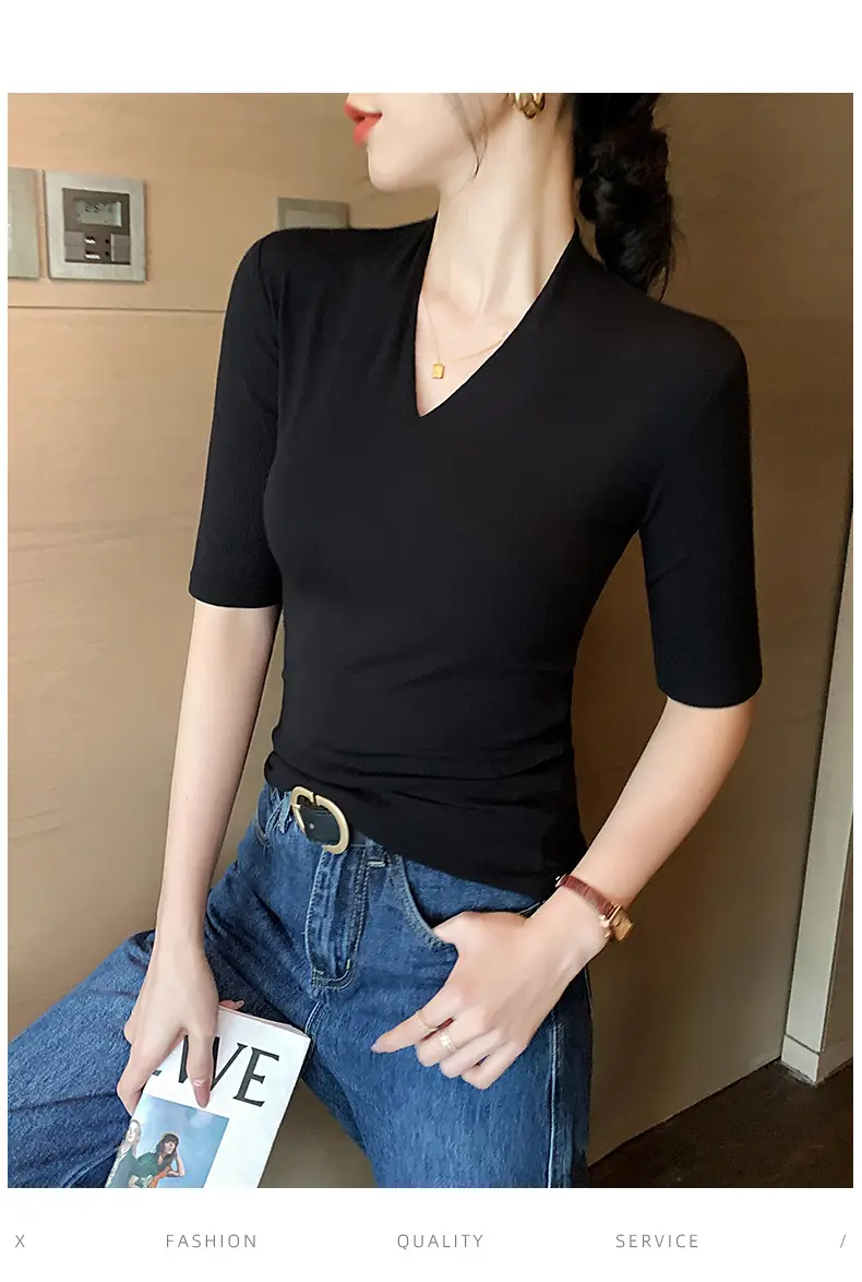 Black Deep V Neck Half-Sleeved T-Shirt for Women's Summer Outer Wear, Slimming Look Korean Style Pure Lust Style Three-Quarter Sleeve Bottoming Top — feature 8