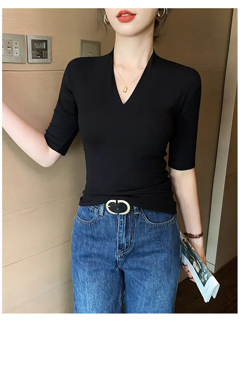 Black Deep V Neck Half-Sleeved T-Shirt for Women's Summer Outer Wear, Slimming Look Korean Style Pure Lust Style Three-Quarter Sleeve Bottoming Top — feature 9