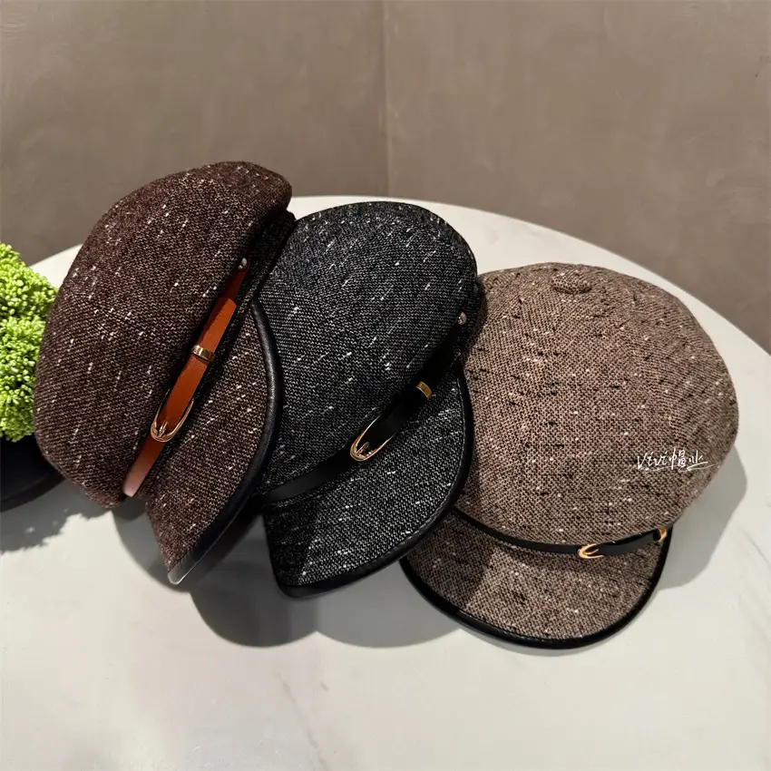 Chanel-Style Brim Spliced Octagonal Cap with Belt Buckle - Image 4