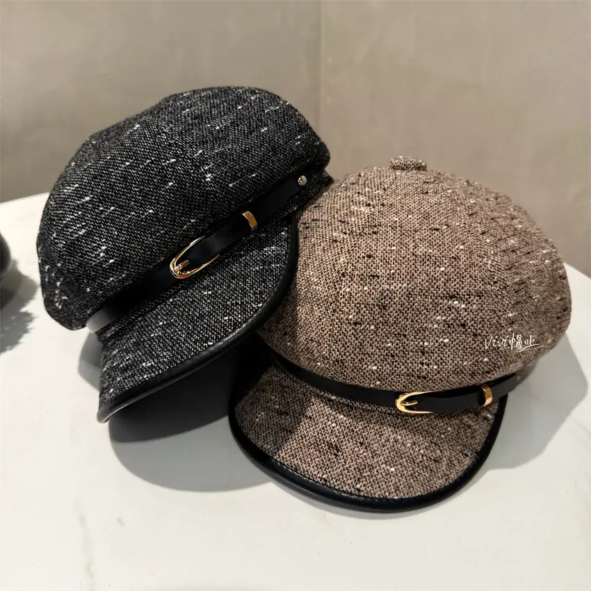 Chanel-Style Brim Spliced Octagonal Cap with Belt Buckle - Image 5