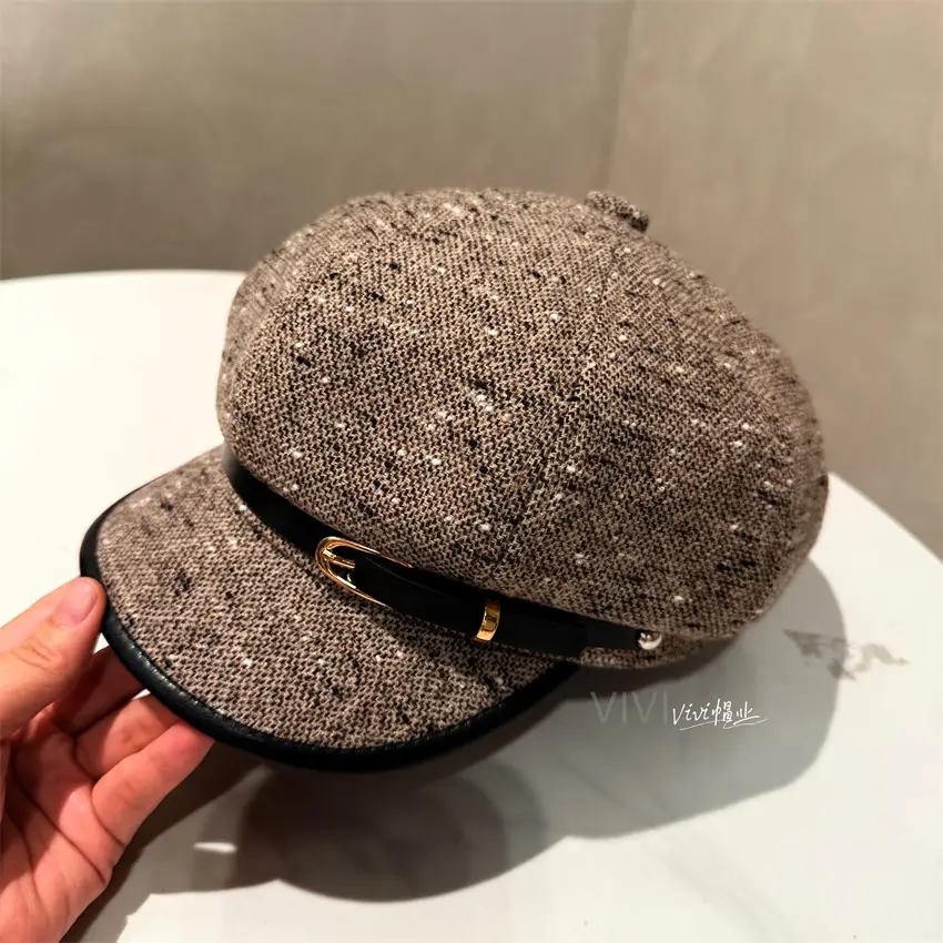 Chanel-Style Brim Spliced Octagonal Cap with Belt Buckle - Image 2