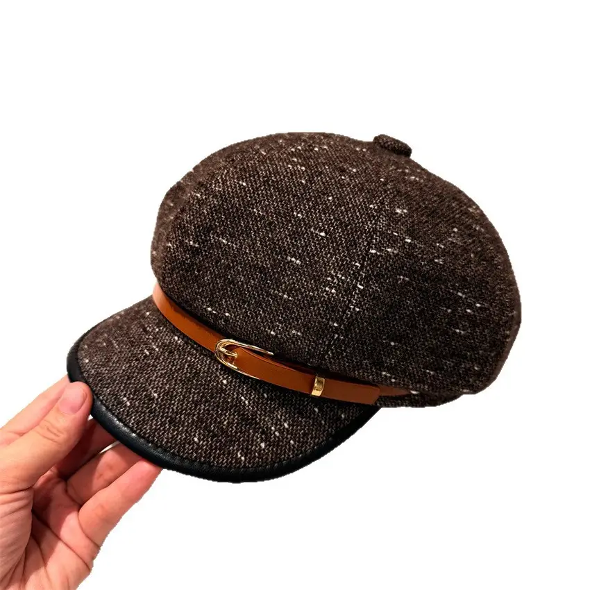 Chanel-Style Brim Spliced Octagonal Cap with Belt Buckle - Image 7