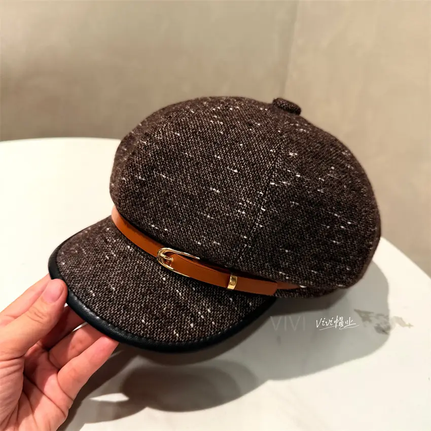 Chanel-Style Brim Spliced Octagonal Cap with Belt Buckle - Image 3