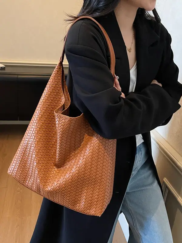 Autumn Winter Woven Tote Bag Korean Style Brown - Image 5