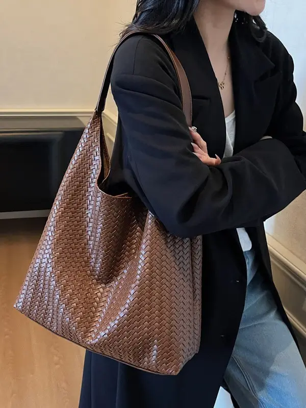 Autumn Winter Woven Tote Bag Korean Style Brown - Image 6