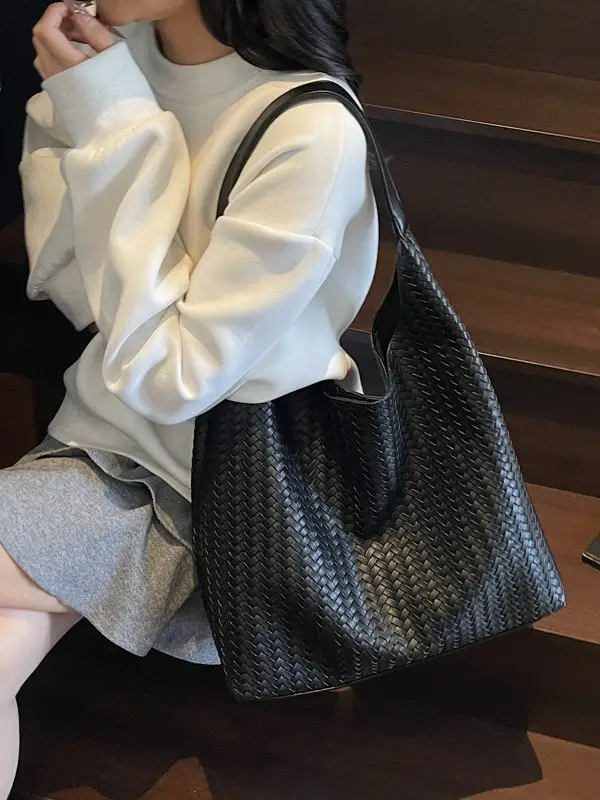 Autumn Winter Woven Tote Bag Korean Style Brown - Image 7