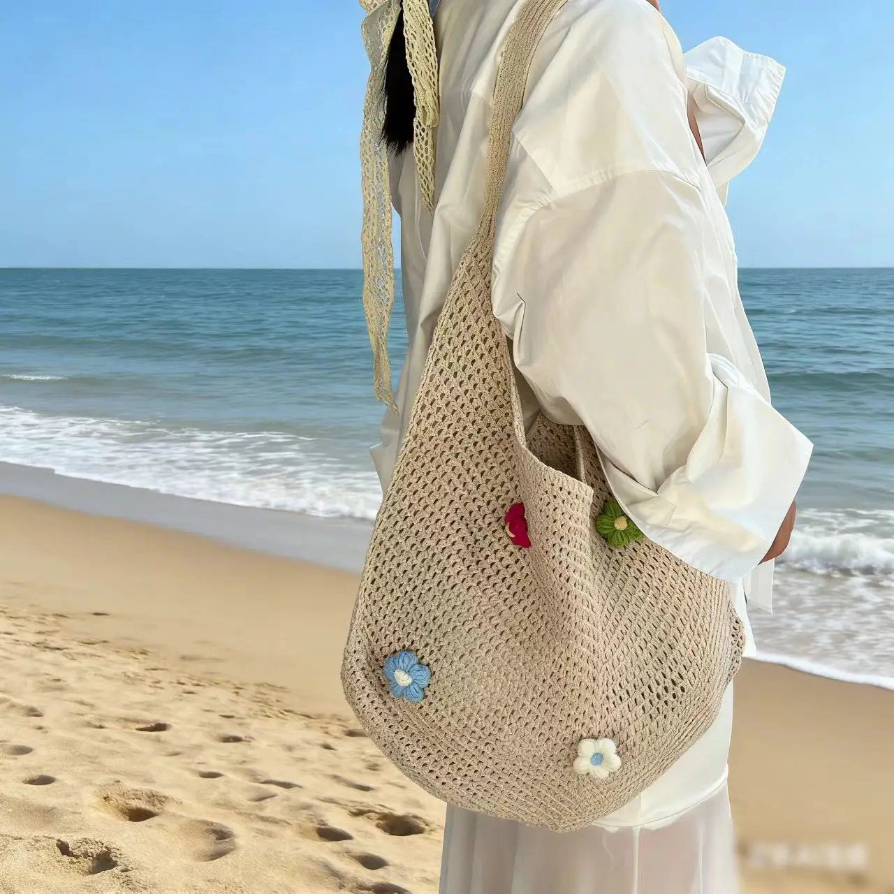 Blue Woven Shoulder Bag with Flower Decor for Women